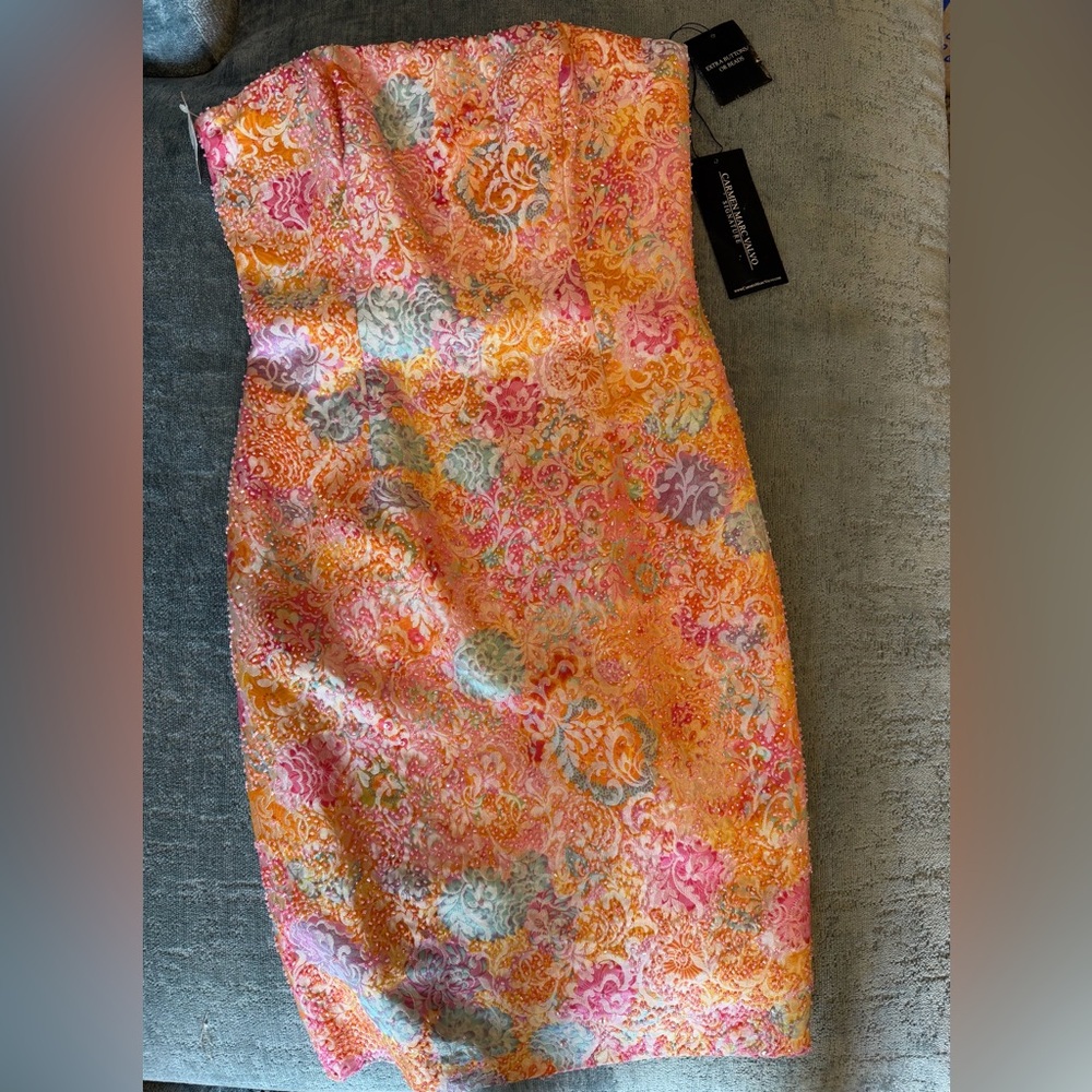 Carmen Marc Valvo Strapless Dress in Pink and Orange Floral